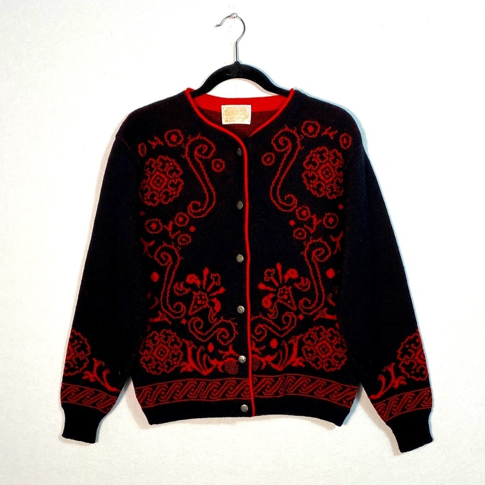 Vintage 70s Pendleton Nordic Red and Black 100% Pure Virgin Wool Cardigan Medium - Picture 2 of 14